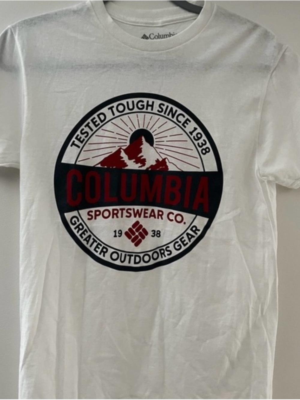 Columbia White Short-Sleeve Logo Graphic Tee with Red and Black Badge